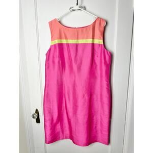 Vintage 90s Victoria Holley Hot Pink Silk Color Block Shift Dress Women's 16